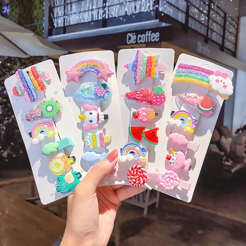 Korean children's hair clip 6PCS/Set lovely rainbow bb hair grip girl baby bag cloth headdress cartoon clip princess accessories