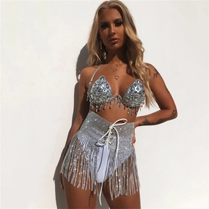 Falda de bikini de mujer con lentejuelas, flecos metálicos, para festivales, fiestas, clubes, playa, de cintura alta, estilo línea A - Product Image 3