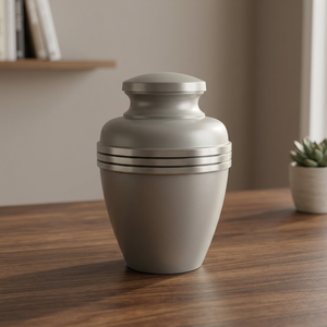 Metal Adult Cremation Urn Silver Finished Memorial <b>Keepsake</b> Urn Tabletop <b>Ashes</b> Crematory Urn With Band - Indian Home Crafts - Product Image 1