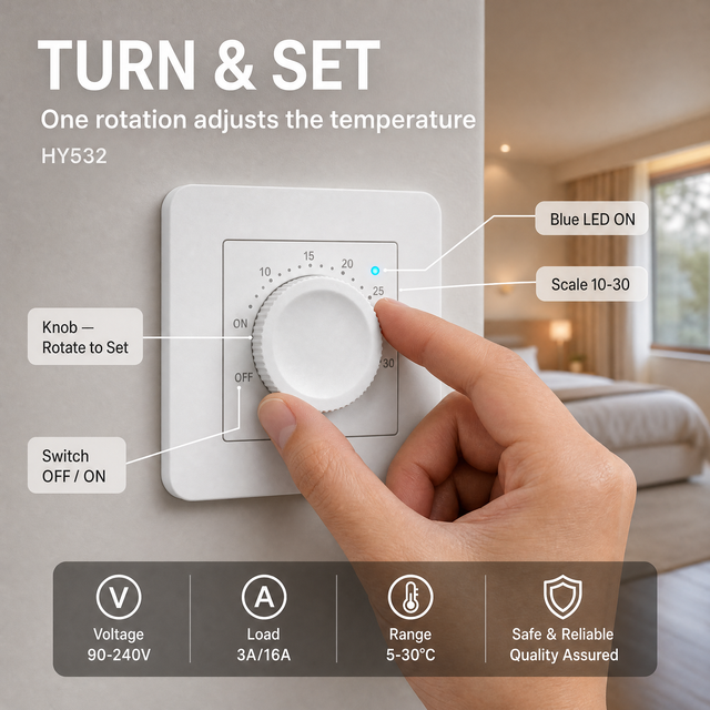 HYSEN HY532 7mm Ultra-thin Smart Mechanical Knob Thermostat for Underfloor Heating and Gas Boiler 5-30C Temperature Controller