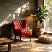 Fauteuil d'appoint capitonné en cuir avec motif losanges, fauteuil lounge sans accoudoirs de style Mid-Century Modern avec pieds en bois pour salon ou coin lecture