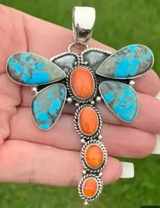 Oxidized Sterling Silver Natural Arizona Turquoise & Coral Gemstone Pendant For Women Jewelry For Women Gift For Her