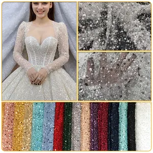 Nova indústria pesada casamento vestido frisado pérola cristal folha bordado lantejoula laço branco tecido para vestido estilo europeu