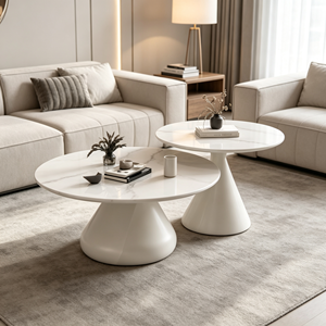 Ensemble de tables basses gigognes rondes modernes avec plateau en marbre, design minimaliste pour salon, base blanche - Product Image 3