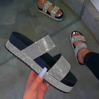 Sandalias de Plataforma con Dos Tiras y Pedrería para Mujer, Diseño OEM ODM, Sandalias de Cuña con Punta Abierta Brillantes, Pantuflas Casuales de Verano para Exteriores