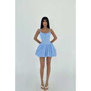 Robe mini bleue à bretelles coupe trapèze avec décoration drapée, col carré élégant, style bureau, taille XS, idéale pour les occasions de club de jour - Product Image 2