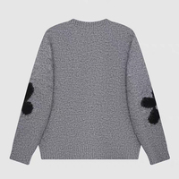 Sweater Rajut Crochet Abu-abu untuk Wanita dengan Logo Depan Bergaya Cina Berbunga Hitam