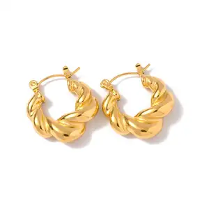 High luxury show 18K Gold Plated Stainless Steel Earrings Jewelry Twist Braided Thick Hoop Earrings