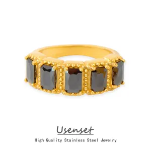 USENSET Summer Stainless Steel Rectangle Emerald Zircon Rings For Women Girls Croissant Twisted Spiral Rings Jewelry