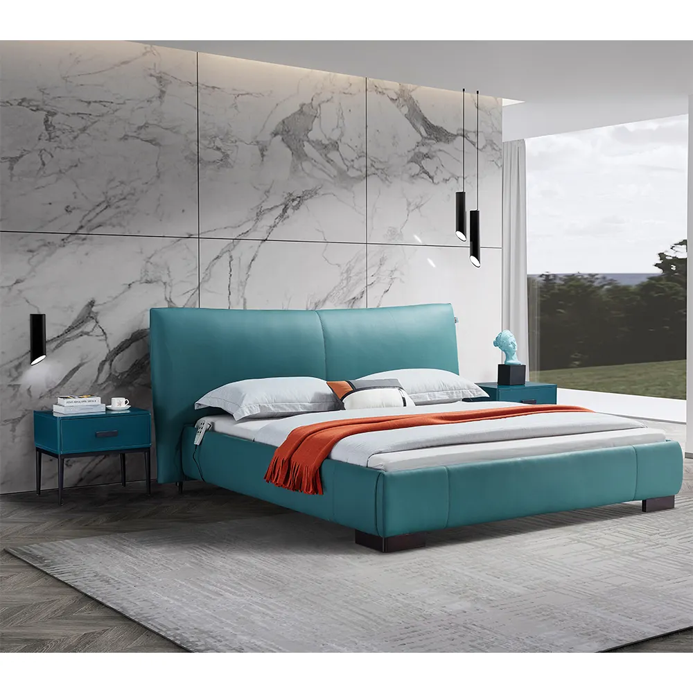 أثاث غرفة نوم مورد من المصنع بتصميم جديد سرير جلدي بسيط 2.3 متر مزدوج سرير زفاف