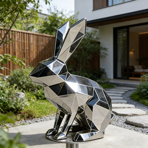 Escultura de Conejo Sentado Geométrica 3D de Diseño Personalizado en Acero Inoxidable, Corte CNC de Precisión, Pulido Espejo de Alto Brillo - Product Image 4
