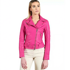 Womens Real <b>Pink</b> Leather Biker <b>Jacket</b> Asymmetric Zip Belted Waist Sheepskin Coat Lapel Zipper Pockets Custom Fit Outwear New - Product Image 1