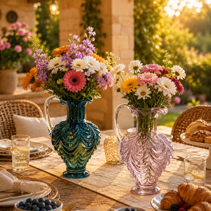 Vase en verre soufflé à la main avec poignée, carafe décorative pour fleurs, pour la table à manger et la décoration du salon - Product Image 6