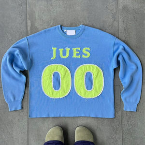 Custom Logo Oem Odm 100% Cotton <b>Vintage</b> Distressed Letter Patches Oversized Boxy Knitted Pullover <b>Sweater</b> Jersey - Product Image 1