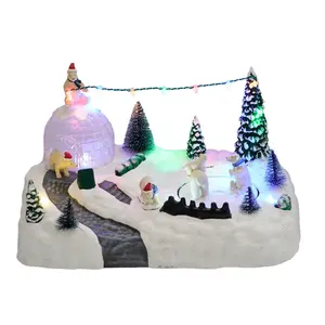 Venda por atacado de casas de aldeia de Natal LED de plástico animadas com decoração de Natal de urso polar com movimento e música