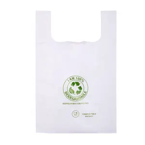 Supermarket Customize Compostable Biodegradable Reusable Grocery Store Tote Shopping Plastic Carry Out T-Shirt Bag With Logos