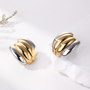 Boutique Trendy Two Tone Hoop 18K Chunky Gold Pendientes Silver Gold Shade Triple Band Huggie Large Chunky Two Tone Pendientes - Product Image 4