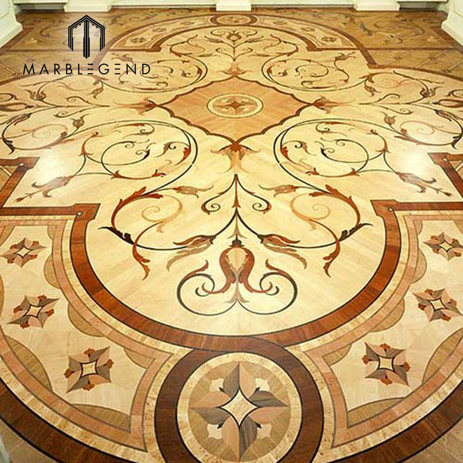 أنيقة الداخلية الطبيعية الأرضيات الخشبية تصميم خشب البلوط البطانة Marquetry أرضية ميدالية