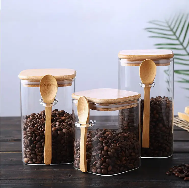 Pot à aliments en verre carré de 27Oz/800ML, avec cuillère et couvercle pour stocker le thé, le café, les épices, de haute qualité