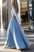 Jupe longue en jean coupe trapèze pour femme, bleu clair, style vintage délavé, boutonnée sur le devant, plissée, grande jupe évasée, streetwear Y2K