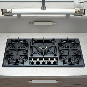Cuisinière à gaz encastrable en acier noir à 5 brûleurs, classe énergétique A, alimentée électriquement, électronique, pour la cuisine domestique - Product Image 2