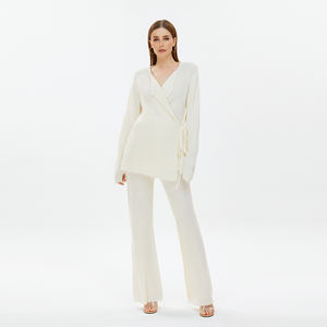 OEM maglione da donna Set due pezzi <span class=keywords><strong>Cardigan</strong></span> oversize in tessuto <span class=keywords><strong>a</strong></span> coste ricamato con maniche lunghe tinta unita - Product Image 2