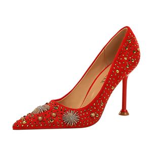 278-16 الرجعية جلد الغزال عالية الكعب الضحلة الفم وأشار حجر الراين المعادن الزخرفية حجر الراين مثير ملهى ليلي الأحذية - Product Image 2