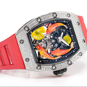 Luxury Diamond Bezel Tonneau Watch 3D Koi Fish Dial with <b>Red</b> Rubber Strap - Product Image 5