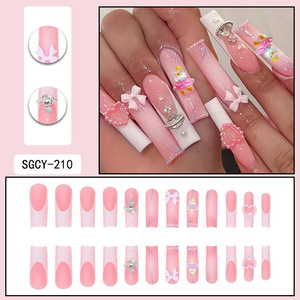 24 <span class=keywords><strong>Uñas</strong></span> Postizas Largas Cuadradas, <span class=keywords><strong>Color</strong></span> <span class=keywords><strong>Blanco</strong></span> Francés, con Lazos Rosados, Perlas <span class=keywords><strong>y</strong></span> Diamantes - Product Image 5