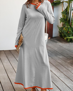 Robe longue à manches longues rayée pour femmes, robe décontractée à longueur de cheville avec poches, col <span class=keywords><strong>rond</strong></span>, bordure contrastée, printemps, automne, usage quotidien - Product Image 2
