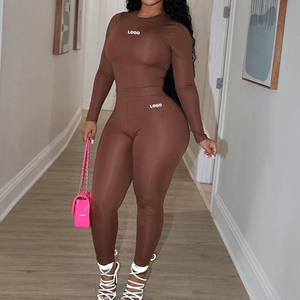 Özel Logo kadın giyim kadın 2 parça kıyafetler katı nervürlü kırpılmış uzun kollu gömlek Legging pantolon seti eşofman Set - Product Image 1