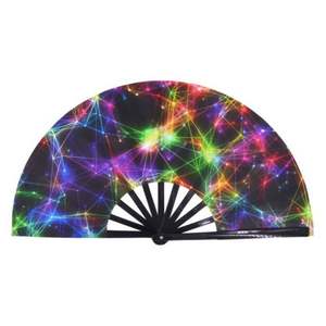 Abanico Plegable UV Glow Rave para Mujer, Grande, de Bambú de 33cm, Estilo Chino Tallado, Abanico Publicitario de Mano con Bolsa de Terciopelo para Fiestas - Product Image 4