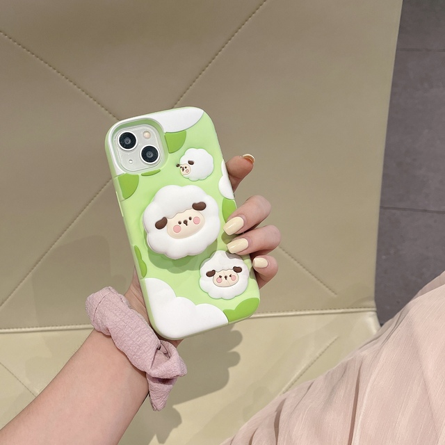 Cute Cartoon 3D Sheep Design Telescopic Stand Soft Real Silicone Shockproof Phone Case for 11/12/13/14/15 Pro Max