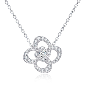 Collar con Colgante de Flor de Fábrica, Plata de Ley 925, Bañado en Rodio, Corte Brillante Redondo, Engaste de Garra, Cadena Clásica para Mujer - Product Image 1
