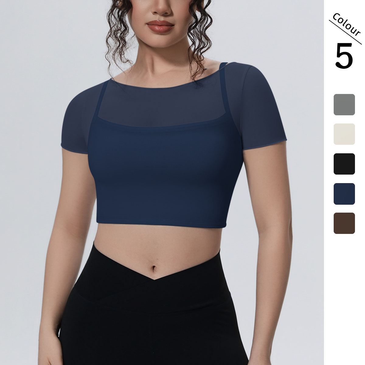 Women's Mesh Overlay Yoga Crop Top,Short Sleeve Built-in Sports Bra Summer Activewear for Gym Pilates Workout Casual Loungewear