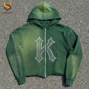 Conjuntos de sudadera y pantalón de chándal para hombre, con estampado desgastado, personalizados, con cremallera y pedrería, de corte oversize, con efecto lavado ácido - Product Image 2