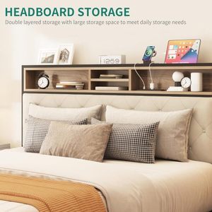 Adjustable Platform <b>Bed</b> Frame Charging Station Velvet Upholstered Storage Headboard Footboard Metal Slats Supports Mattress - Product Image 5