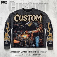 T-shirt unisexe ample vintage style motard à manches longues, avec motif 3D effet superposé crâne et flammes, style gothique grunge streetwear, orné de strass, OEM ODM
