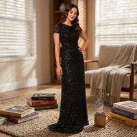 Robe de soirée à sequins noire, col rond, manches courtes, coupe fourreau, longueur ras du sol, pour mère de la mariée, invitée de mariage, fête, banquet