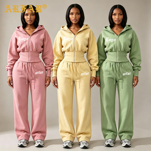 Ensemble de survêtement deux pièces personnalisé pour <span class=keywords><strong>femme</strong></span> en mélange de coton épais, avec sweat à capuche zippé à taille cintrée et pantalon large - Product Image 2