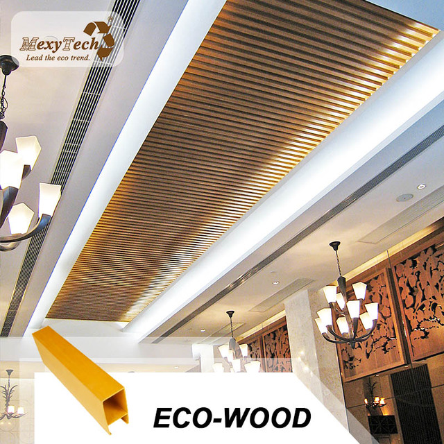 WPC Wood Plastic Composite Ceiling Panels Fireproof Decorative Strip for Hotel & Mall with Ceiling Grid Installation
