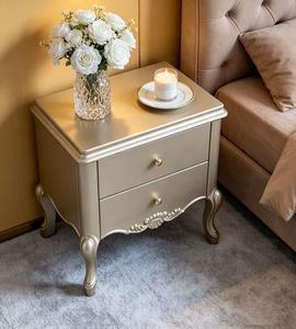 Luxury Champagne Gold Solid Wood 2-Drawer Nightstand French Style Bedside <b>Cabinet</b> Cabriole Legs Multi-Purpose Bedroom Furniture - Product Image 4