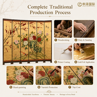 HUAZE Paravent décoratif oriental noble en feuille d'or, nature morte peinte à la main, thème Printemps de prospérité, avec cadre en bois et encre