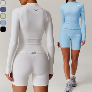 New Arrivals Women's Sportswear Ribbed Zip up Long Sleeve Jacket High Waist Workout Shorts Yoga Fitness Sets for Gym