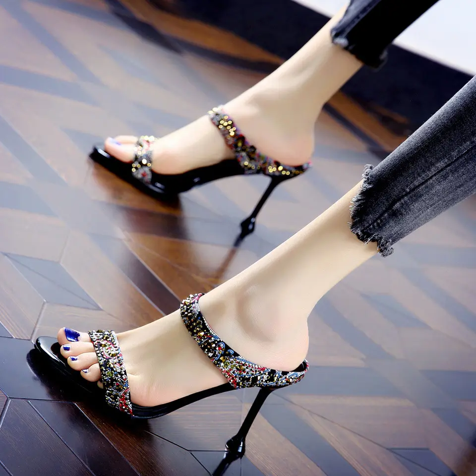 Europe and the United States high-heeled summer new rhinestone open-toed women's high heels