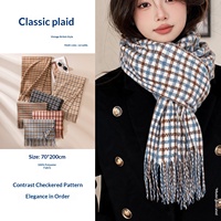 Syal Kotak-kotak Vintage Inggris untuk Wanita, Panjang, Hangat, Tahan Angin, Dapat Dibalik, Bahan Poliester, Motif Tartan