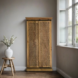 Solid Wood Sliding Door <b>Wardrobe</b> with Handwoven Cane Panels | Natural Finish Space-Saving Almirah | Modern <b>Rustic</b> Bedroom - Product Image 3