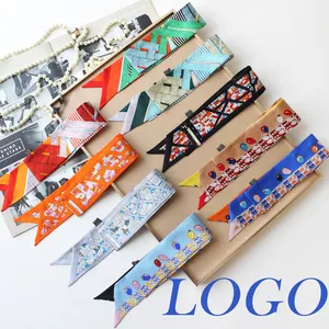 Custom LOGO design Estreito saco Lenço seda headbands streamer duplo Skinny Scarf Womens Ribbon Hair