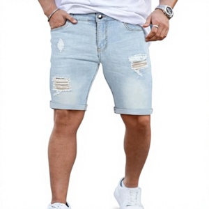 Shorts en jean déchiré bleu clair pour homme, taille mi-haute, style décontracté d'été, en coton vieilli, coupe droite - Product Image 1