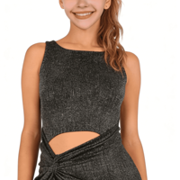 Vennystyle Meilleures ventes Robe de danse Tango gris pailleté sans manches avec découpes, détail torsadé, fente haute, en Spandex extensible pour femmes adultes